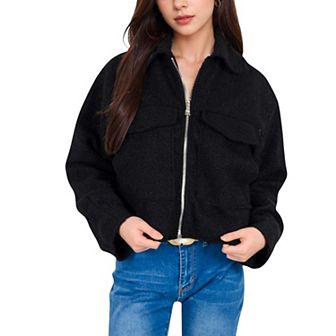 Women's Zip-Up Collared Jacket with Front Flap Pockets