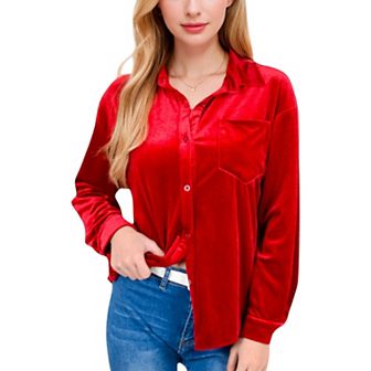 Women's Velvet Long Sleeve Button-Up Shirt with Chest Pocket and Collared Neck