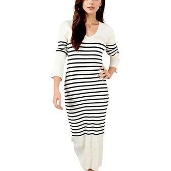 Women's Striped Knit Midi Dress with Long Sleeves and Ribbed Texture