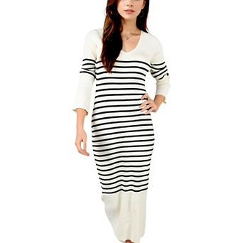 Women's Striped Knit Midi Dress with Long Sleeves and Ribbed Texture