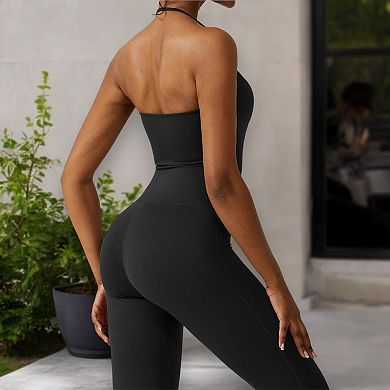 Women's Flared Halter Neck Jumpsuit Convert to High Waist Flared Yoga Pants