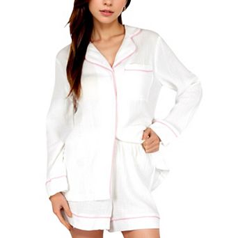 Women's Textured Cotton Pajama Set with Contrast Piping and Button-Up Top