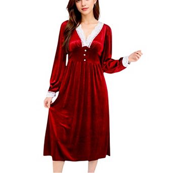 Women's Velvet Dress with Lace Trim and Button Detail