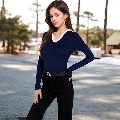 Women's Long Sleeve V-Neck Shirt with Contrast Collar