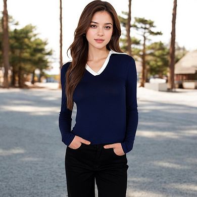 Women's Long Sleeve V-Neck Shirt with Contrast Collar