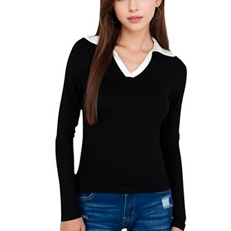 Women's Long Sleeve V-Neck Shirt with Contrast Collar
