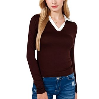 Women's Long Sleeve V-Neck Shirt with Contrast Collar