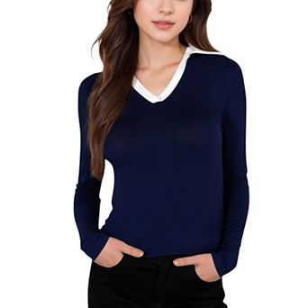 Women's Long Sleeve V-Neck Shirt with Contrast Collar