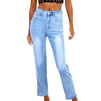 Women's High Waist Straight Leg Jeans With Subtle Distressing