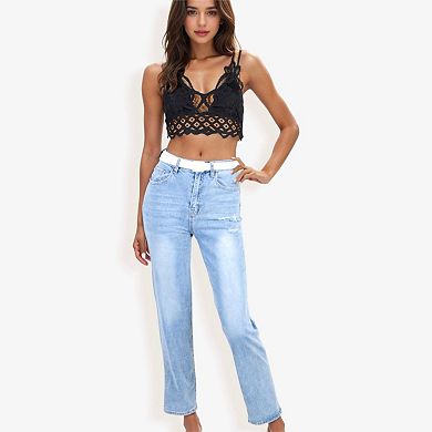 Women's High Waist Straight Leg Jeans With Subtle Distressing