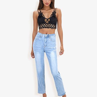 Women's High Waist Straight Leg Jeans With Subtle Distressing