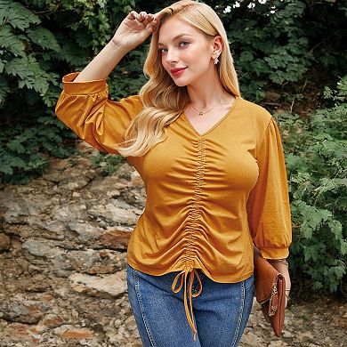 Women's Long Sleeve Blouse with V-Neck and Drawstring Detail
