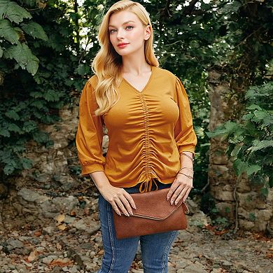 Women's Long Sleeve Blouse with V-Neck and Drawstring Detail
