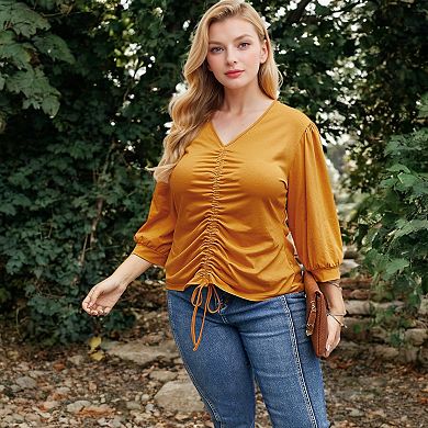 Women's Long Sleeve Blouse with V-Neck and Drawstring Detail