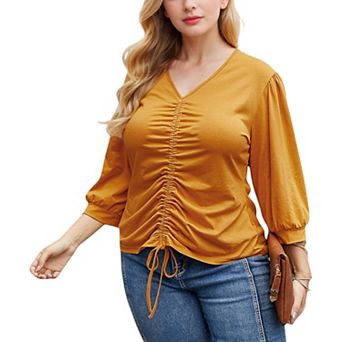Women's Long Sleeve Blouse with V-Neck and Drawstring Detail