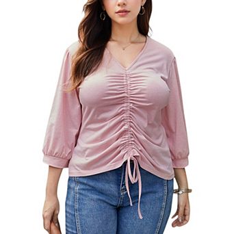 Women's Long Sleeve Blouse with V-Neck and Drawstring Detail