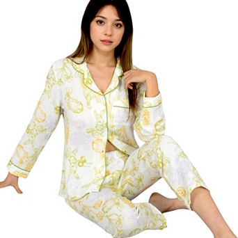 Women's Printed Gauze Pajama Set with Button-Up Shirt and Relaxed Fit Pants