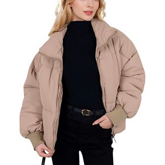 Women's Oversized Quilted Puffer Jacket with Zipper Front and Ribbed Cuffs