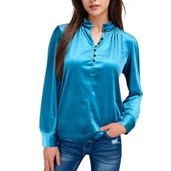 Women's Velvet Long Sleeve Blouse with Ruffled Collar and Button Detail