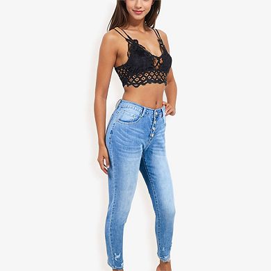 Women's High Waist Skinny Jeans With Button Fly And Light Distressing