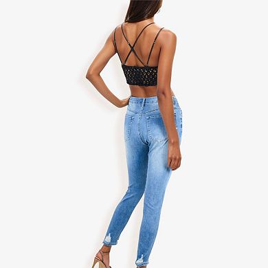 Women's High Waist Skinny Jeans With Button Fly And Light Distressing