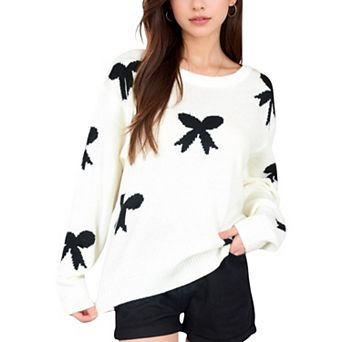 Women's Knit Sweater with Black Bow Pattern Long Sleeves