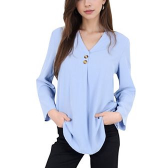 Women's V-Neck Blouse with Button Detail and Rolled Sleeves