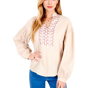 Women's Long Sleeve Blouse with Embroidered Front Detail and Stand Collar