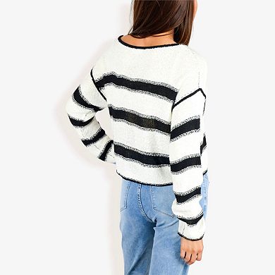 Women's Long Sleeve Striped Sweater With Crew Neck Cropped Fit