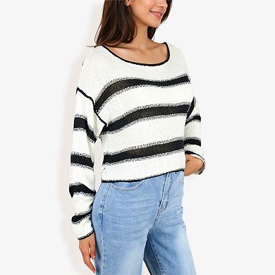 Women's Long Sleeve Striped Sweater With Crew Neck Cropped Fit