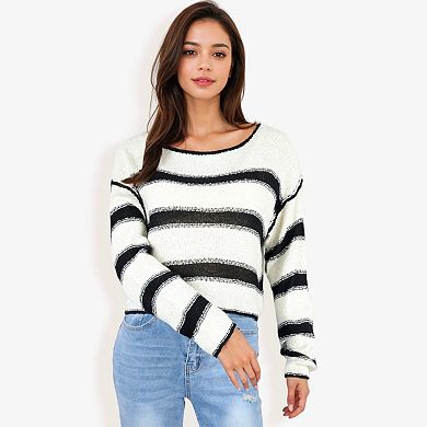 Women's Long Sleeve Striped Sweater With Crew Neck Cropped Fit
