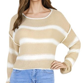 Women's Long Sleeve Striped Sweater With Crew Neck Cropped Fit