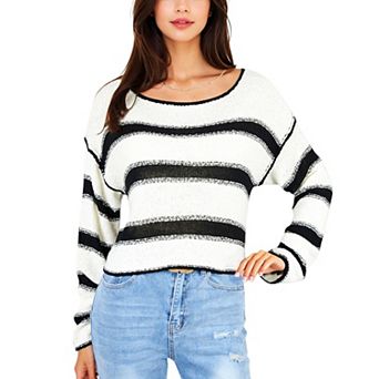 Women's Long Sleeve Striped Sweater With Crew Neck Cropped Fit