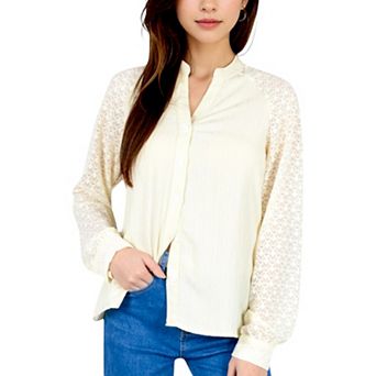 Women's Lace Sleeve Button-Up Blouse with Stand Collar and Relaxed Fit