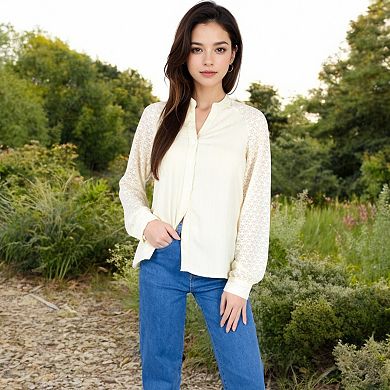 Women's Lace Sleeve Button-Up Blouse with Stand Collar and Relaxed Fit