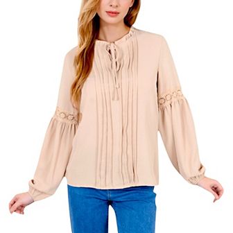 Women's Long Sleeve Pleated Blouse with Lace Detail and Tie Neck