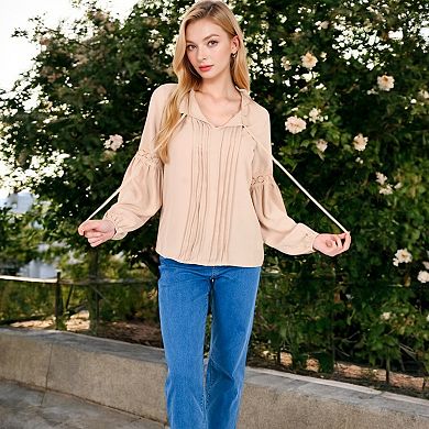 Women's Long Sleeve Pleated Blouse with Lace Detail and Tie Neck