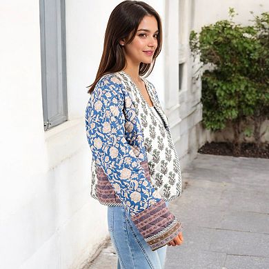 Women's Mixed Print Open Front Jacket with Contrast Trim and Relaxed Fit