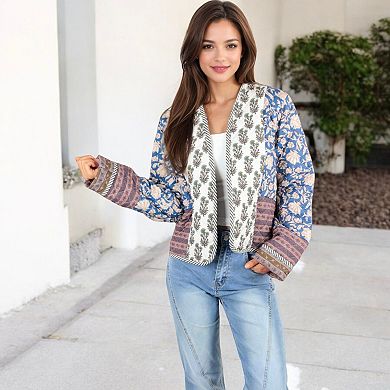 Women's Mixed Print Open Front Jacket with Contrast Trim and Relaxed Fit