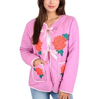 Women's Quilted Floral Embroidered Jacket with Bow Tie Front and Patch Pockets