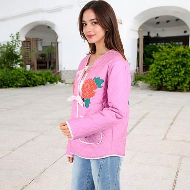 Women's Quilted Floral Embroidered Jacket with Bow Tie Front and Patch Pockets
