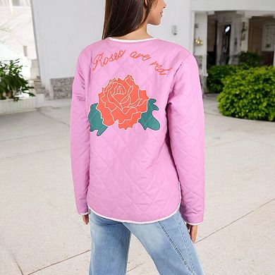 Women's Quilted Floral Embroidered Jacket with Bow Tie Front and Patch Pockets