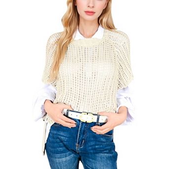 Women's Open Knit Pullover Sweater Vest with Cap Sleeves and Ribbed Hem