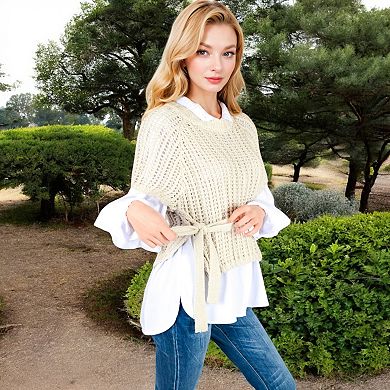 Women's Open Knit Pullover Sweater Vest with Cap Sleeves and Ribbed Hem