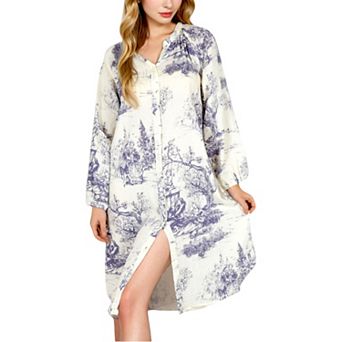 Women's Printed Button-Up Long Sleeve Shirt Dress with Relaxed Fit