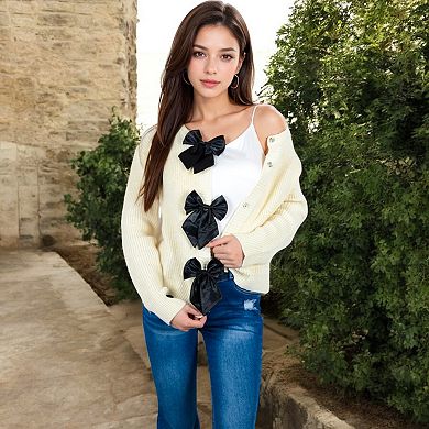 Women's Open Front Cardigan with Bow Detail and Relaxed Fit