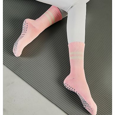 Women's Crew Socks 3-Pack with Athletic Stripe Design and Non-Slip Grips