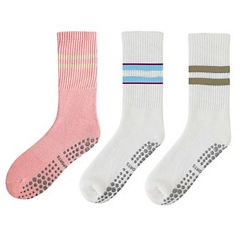 Women's Crew Socks 3-Pack with Athletic Stripe Design and Non-Slip Grips