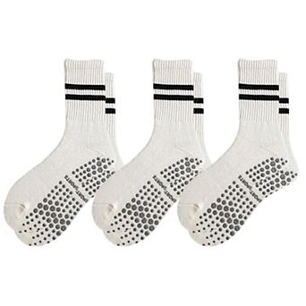 Women's Crew Socks 3-Pack with Athletic Stripe Design and Non-Slip Grips