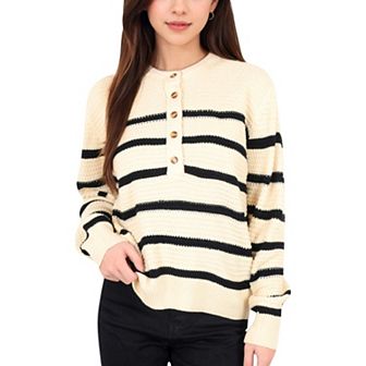 Women's Striped Waffle Knit Pullover with Button Down Collar